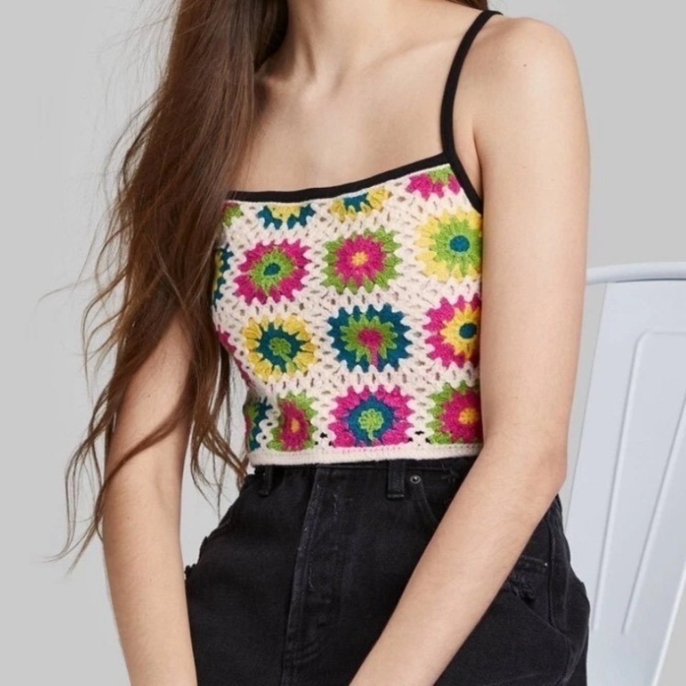 Wild Fable Floral Crochet Granny Square Cami Top Multi Color Boho Crop Large